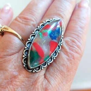 Sterling Silver 925 Large Marquise Stone Opalesque Colorful Sz 7 Red Blue Green